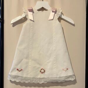 Luli & Me Timeless A Line white pique dress w/pink embroidery and bows size 6M